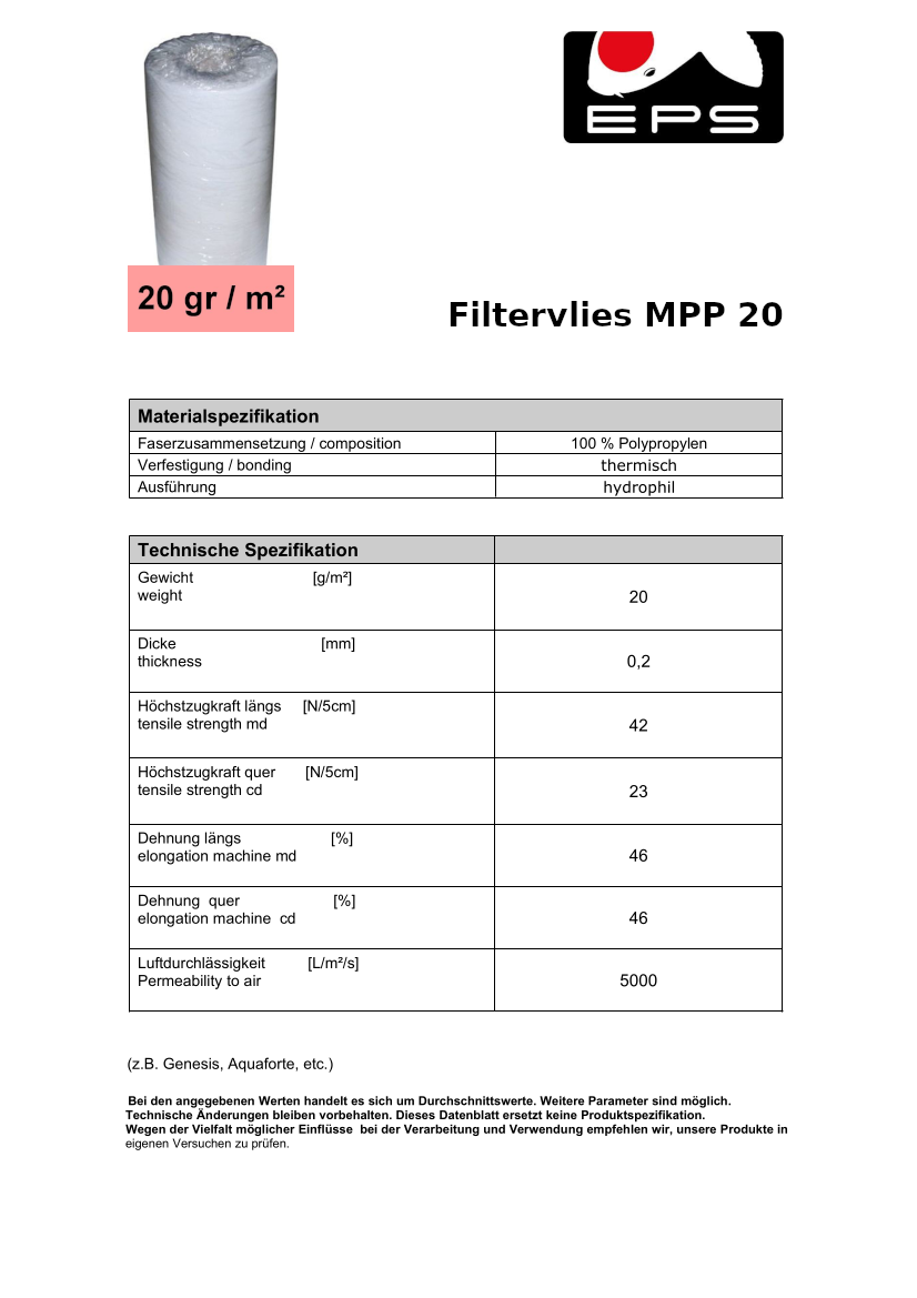Filtervlies MPP 20 600 mm x 200 m