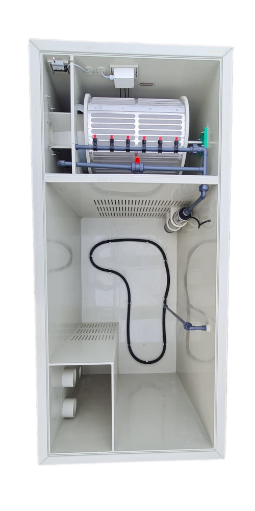 EPS Combi-Trommelfilter CF35 quer + integrierte JUMBO-Biokammer + integrierte Pumpenkammer + Rinnenspülung + Steuerung + Spülpumpe + UV-Schutz + Edelstahlsieb in Sandwichbauweise
