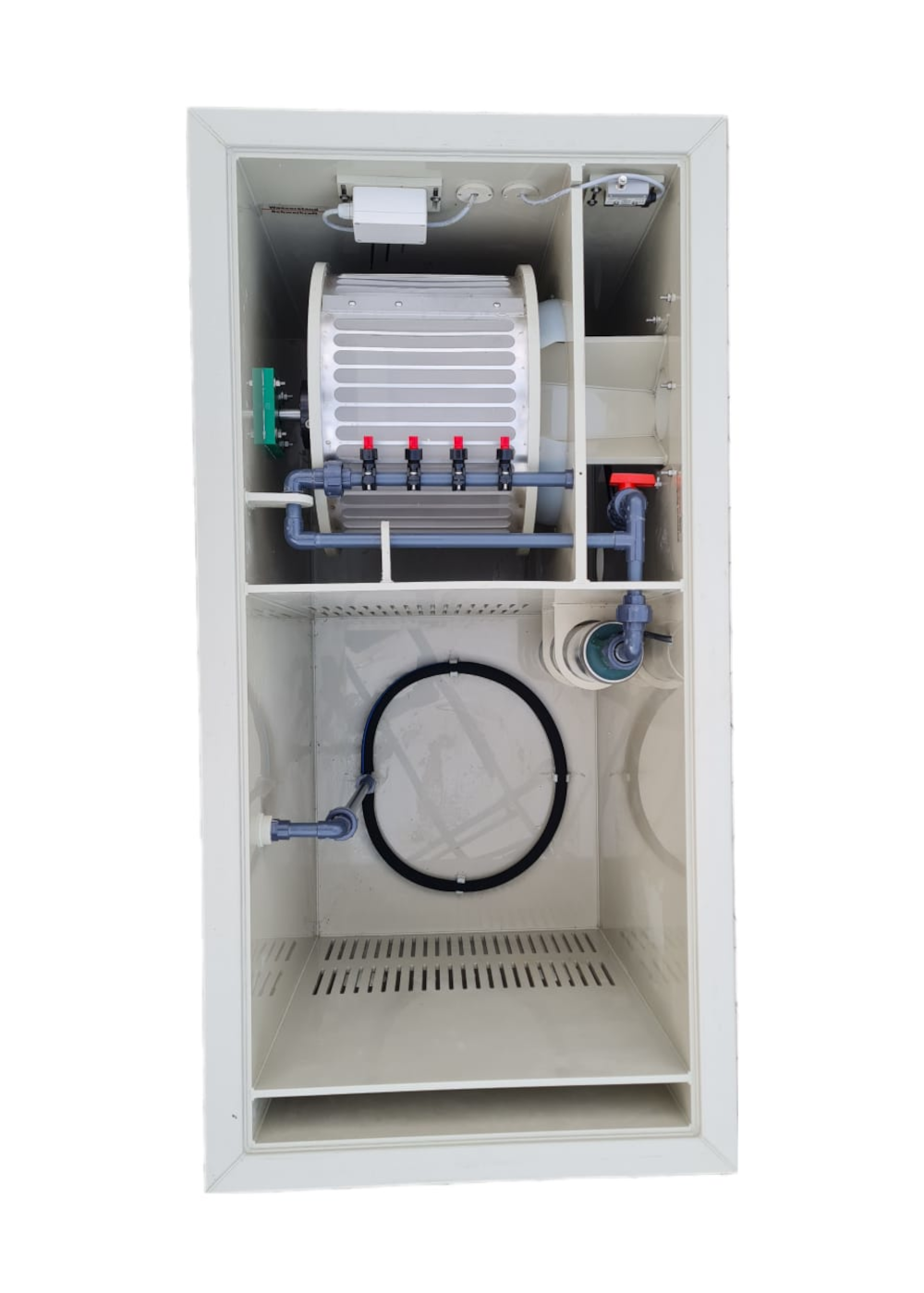 EPS Combi-Trommelfilter CL25 Quer + integrierte Biokammer + Rinnenspülung + Steuerung + Spülpumpe + UV-Schutz + Edelstahlsieb in Sandwichbauweise