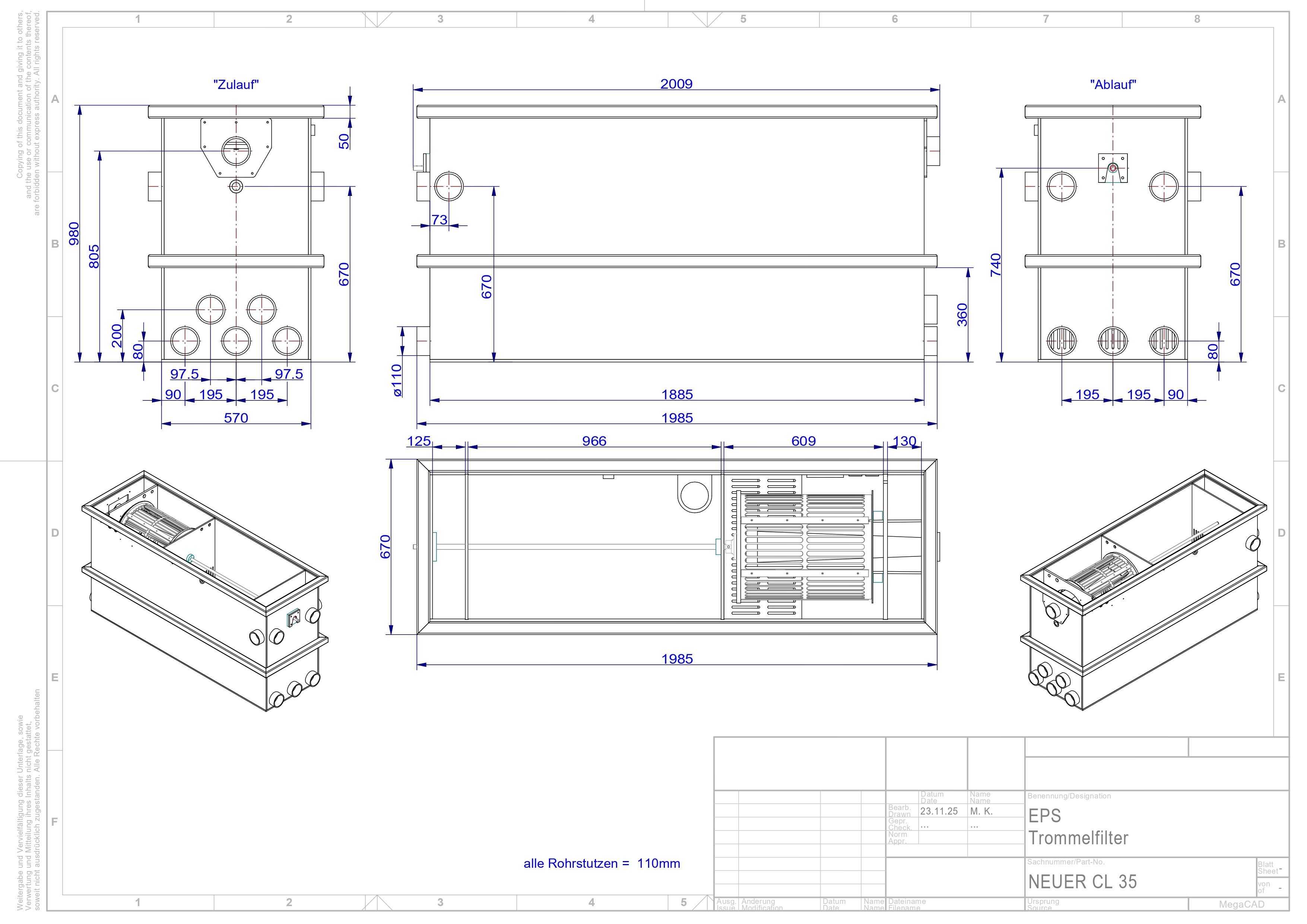 EPS Combi-Trommelfilter CL50 + integrierte Biokammer + Rinnenspülung + Steuerung + Spülpumpe + UV-Schutz + Edelstahlsieb in Sandwichbauweise