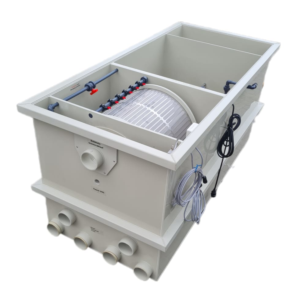 EPS Combi-Trommelfilter CF65 + integrierte Biokammer + integrierte Pumpenkammer + Rinnenspülung + Steuerung + Spülpumpe + UV-Schutz + Edelstahlsieb in Sandwichbauweise